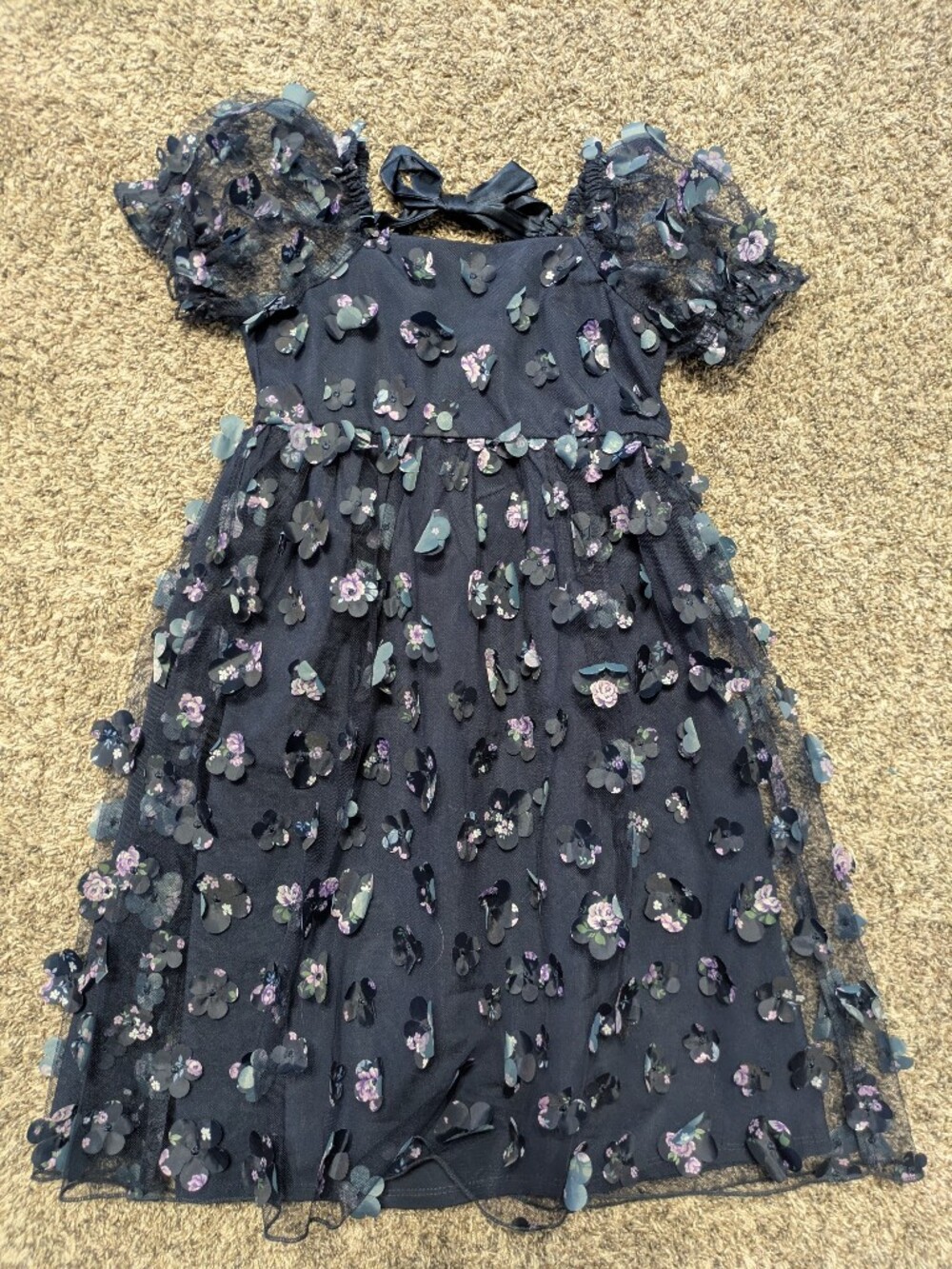 Girls' Navy Floral Appliqué Tulle Party Dress